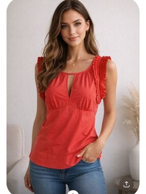 BCBGMaxAzria Red Ruffle Keyhole Top Size Small Coral Sleeveless Blouse
